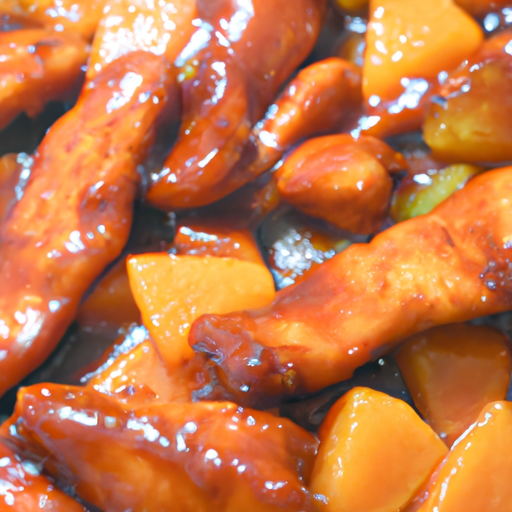 Close-up of a delicious plate of orange chicken stir fry with a glossy sauce coating the ingredients.